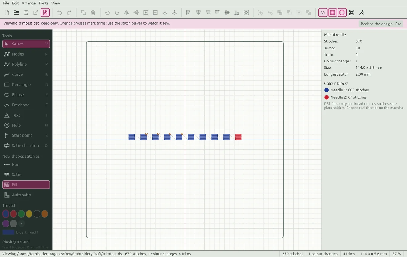 The DST viewer showing the trim test file with its stitch count, jumps, trims, size and colour blocks