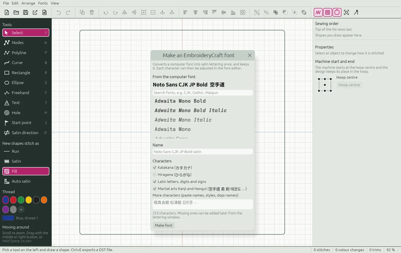 The window that converts a computer font into an EmbroideryCraft satin font
