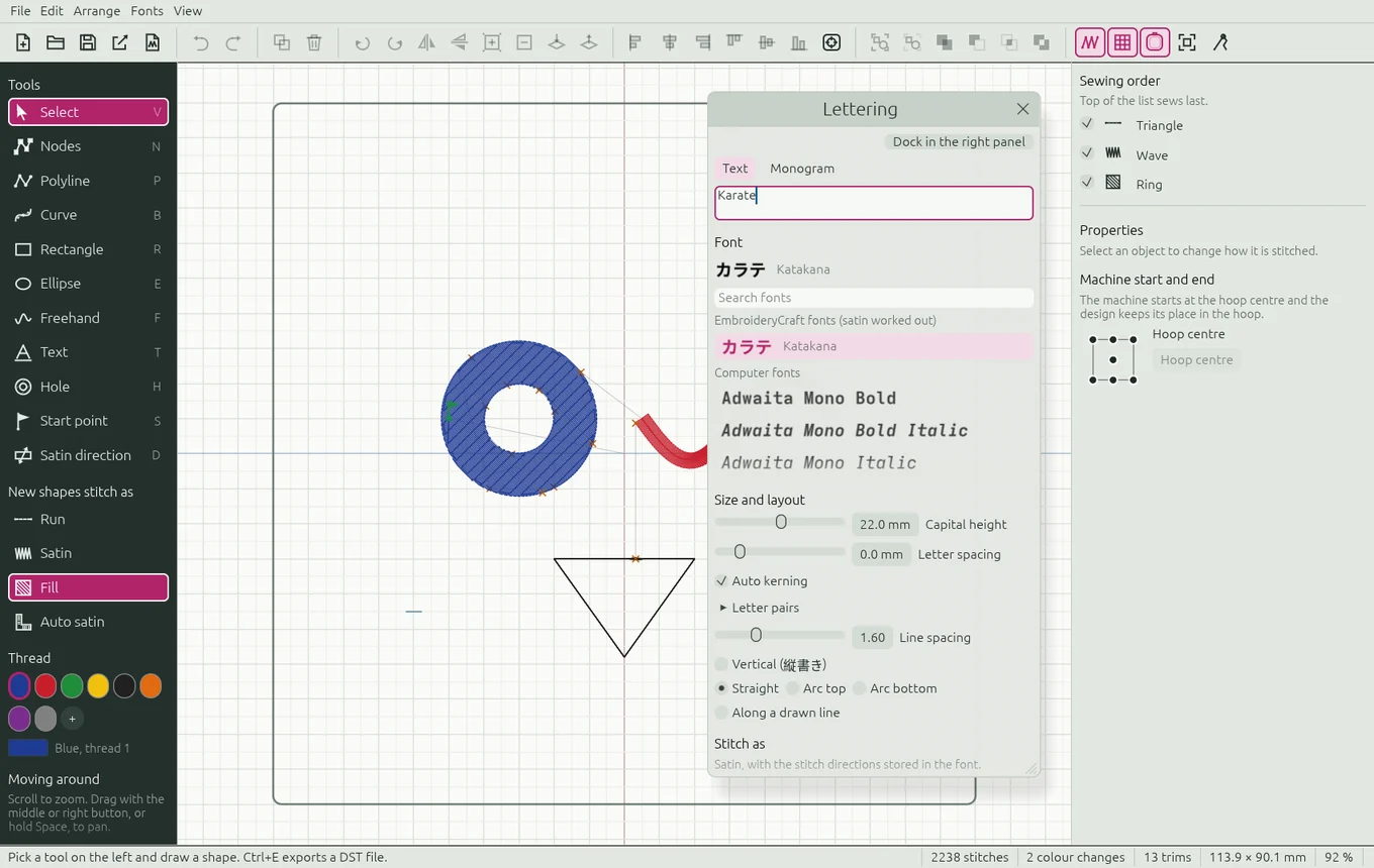 The lettering window with a font list and size, kerning, arc and vertical text settings