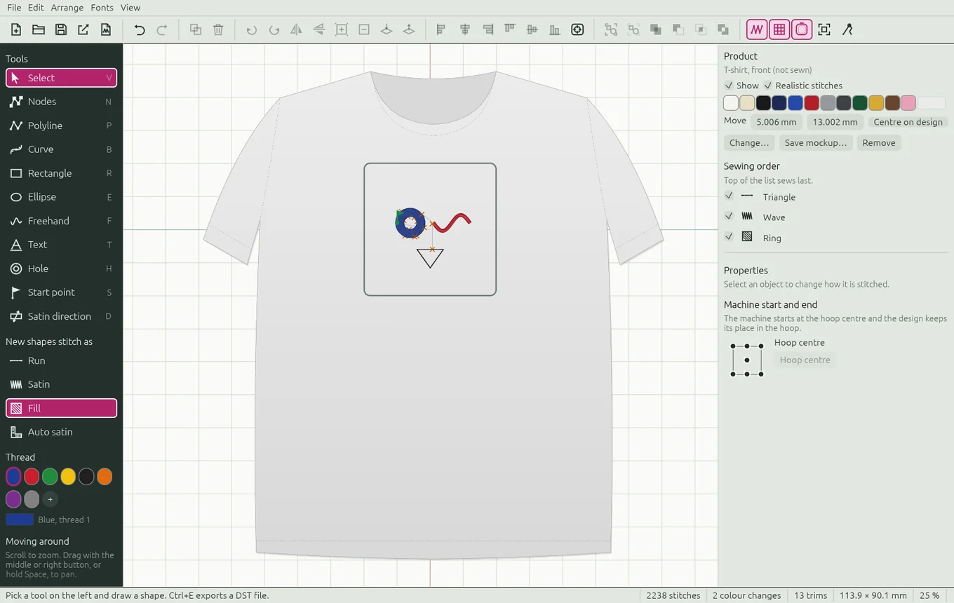 The demo design shown on a T-shirt front with realistic stitches and the Product settings on the right